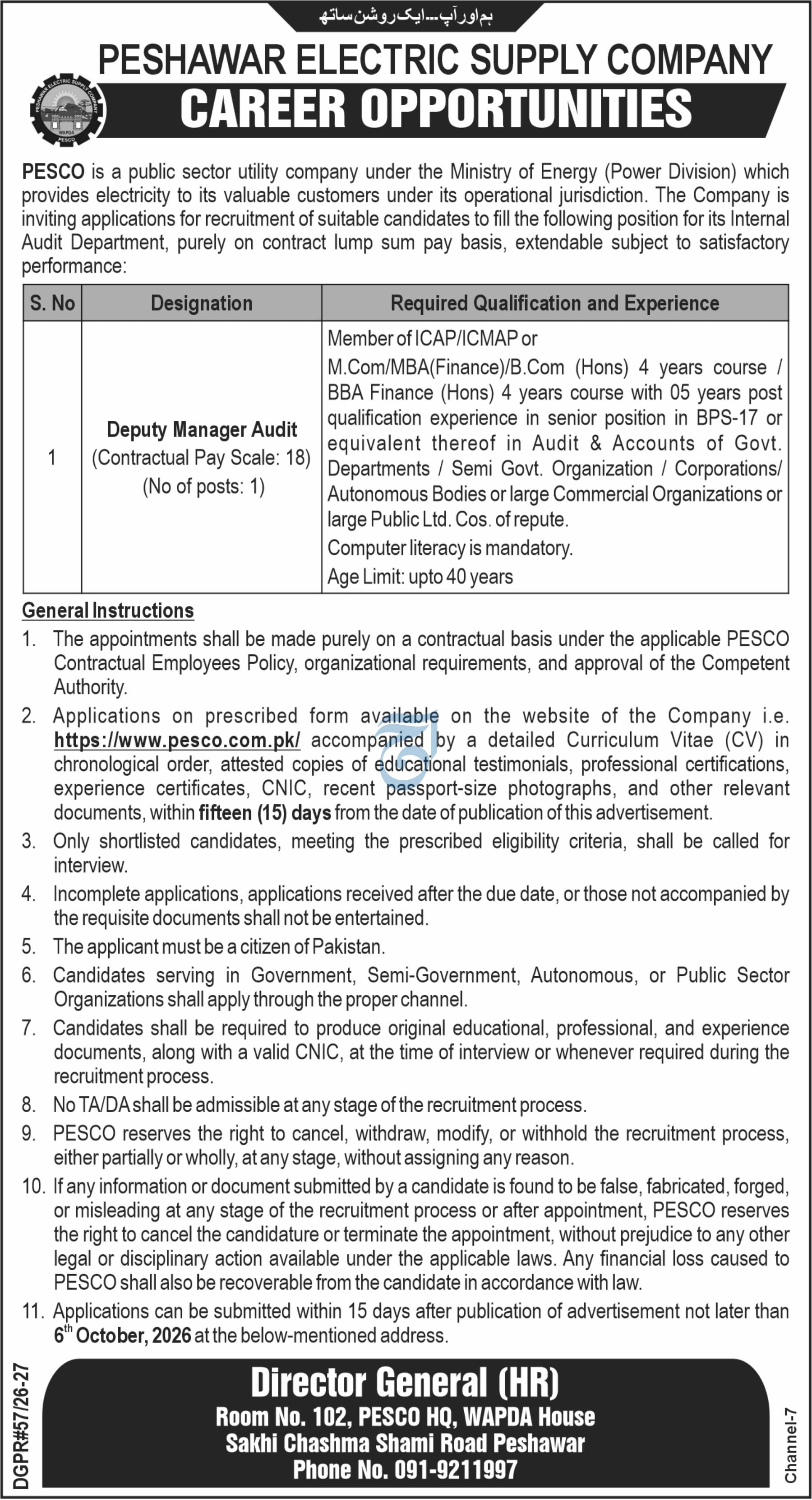Official PESCO Deputy Manager Audit Job Advertisement and Guidelines Page 176