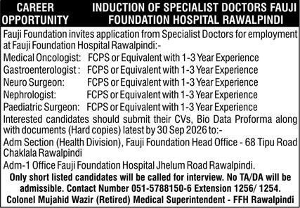 Official Fauji Foundation Hospital Rawalpindi Specialist Doctors Job Advertisement
