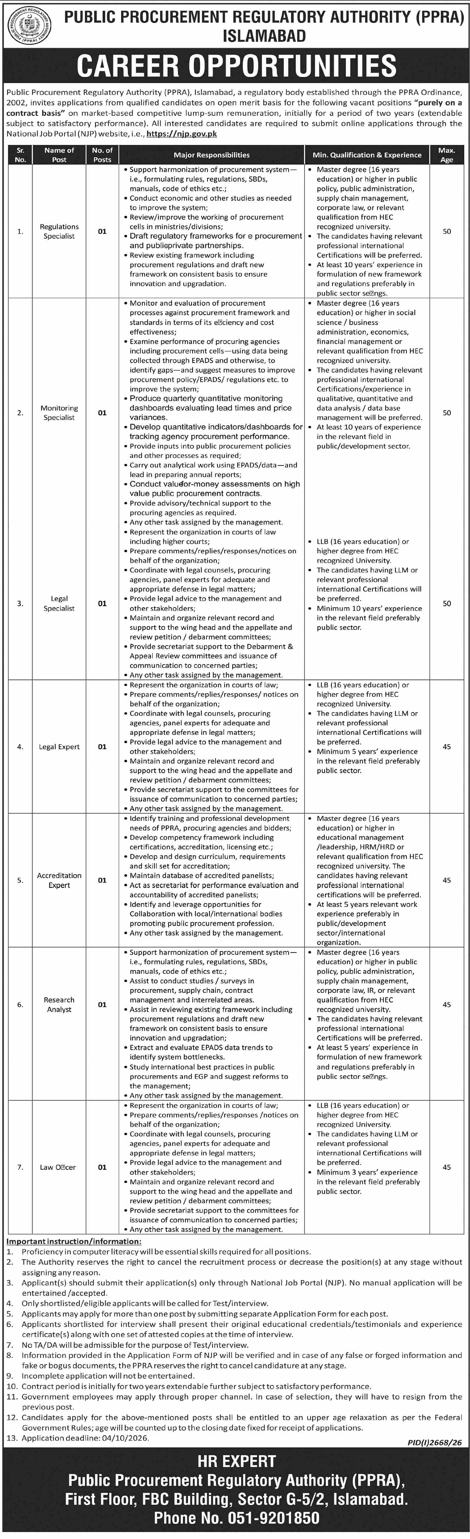 Official PPRA Islamabad Career Opportunities Advertisement PID(I)2668/26