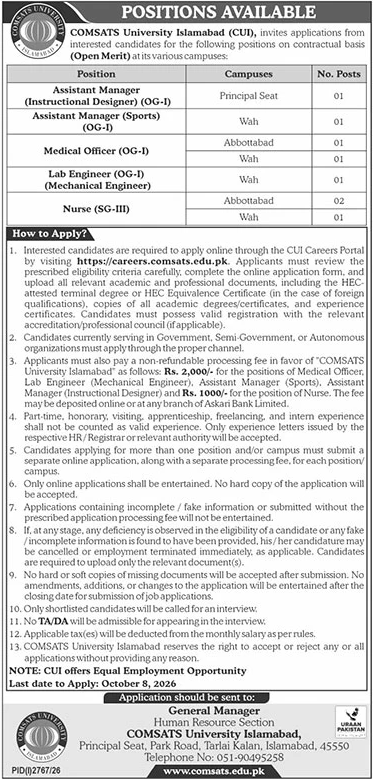 Official COMSATS University Islamabad Vacancy Advertisement