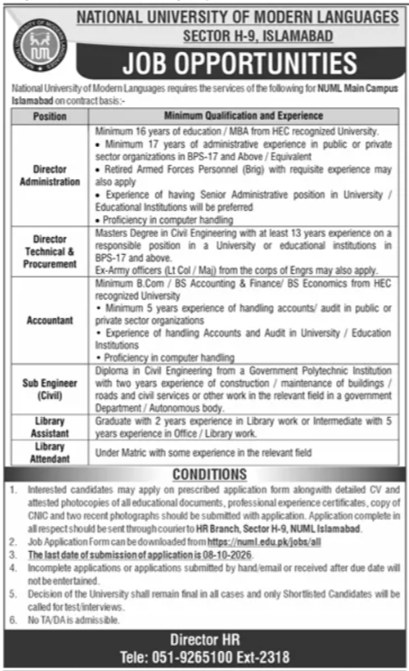 Official NUML Islamabad Vacancy Advertisement