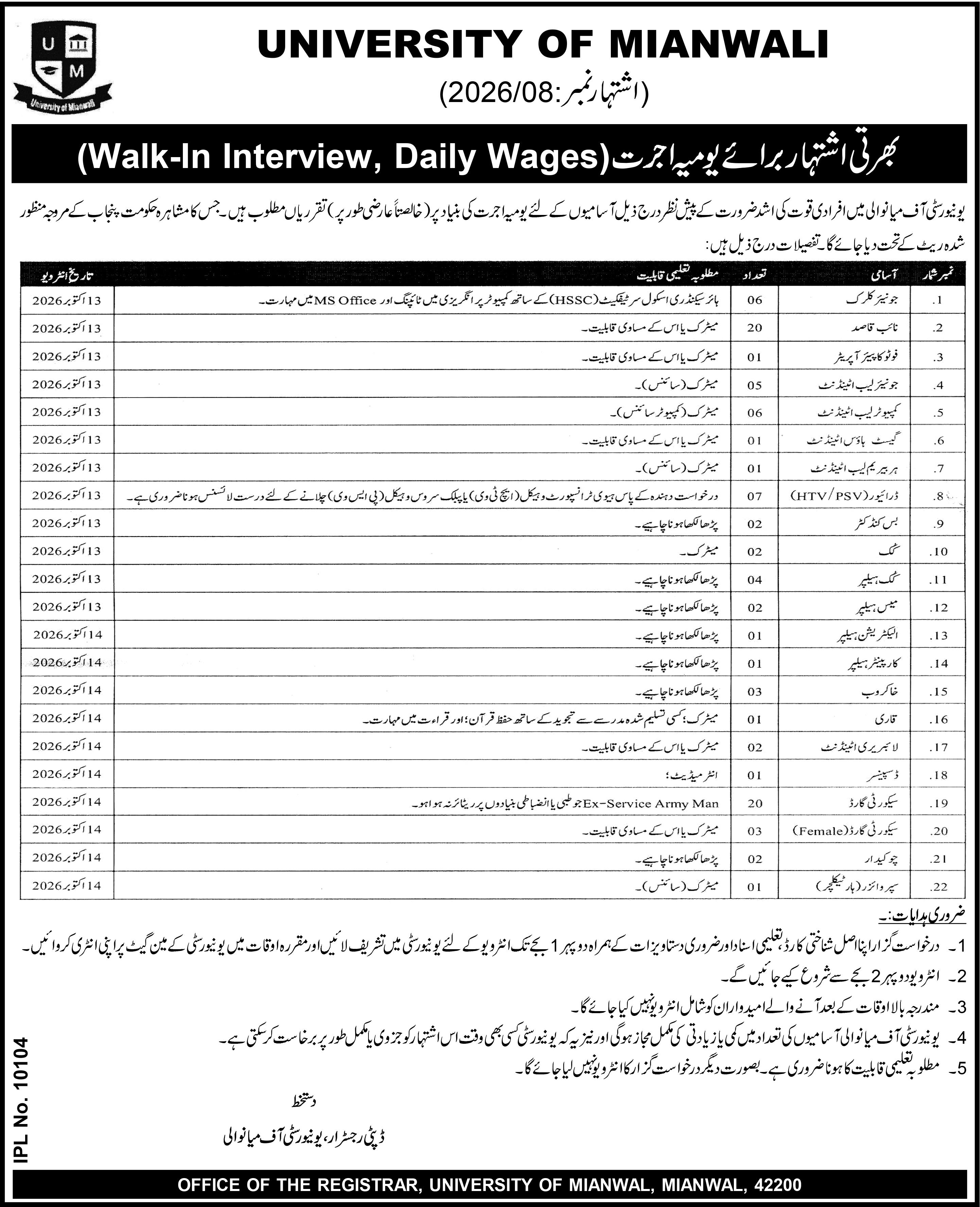 Official University of Mianwali Walk-In Interview Advertisement