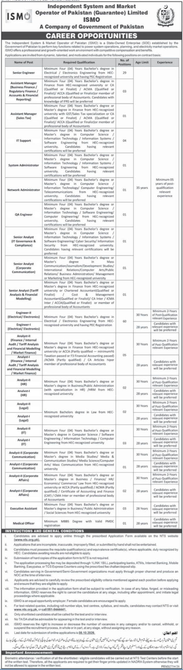 Official Independent System and Market Operator of Pakistan ISMO Job Advertisement