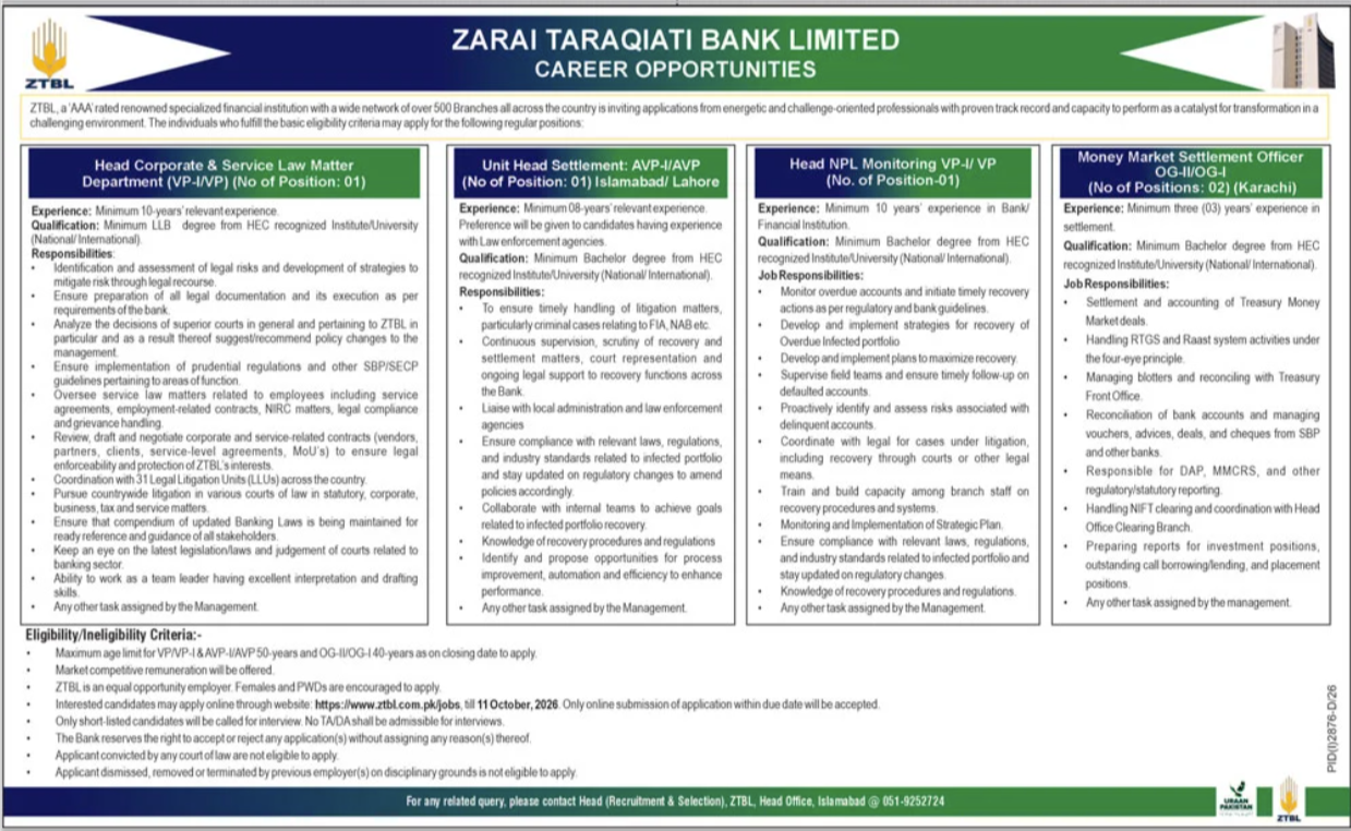Official Zarai Taraqiati Bank Limited ZTBL Job Advertisement