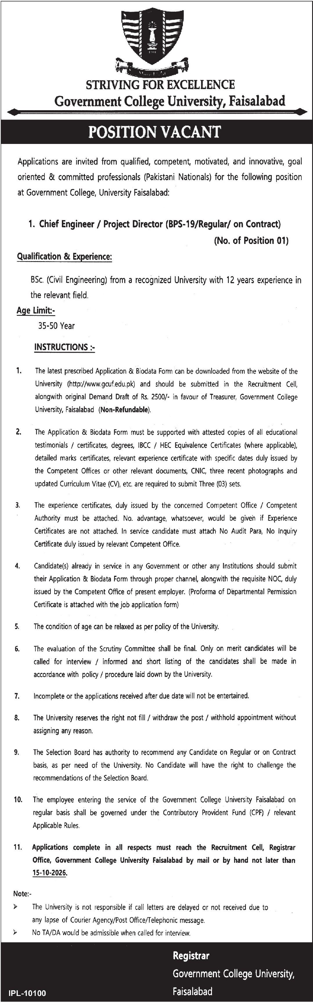 Official GCUF Chief Engineer Project Director Job Advertisement