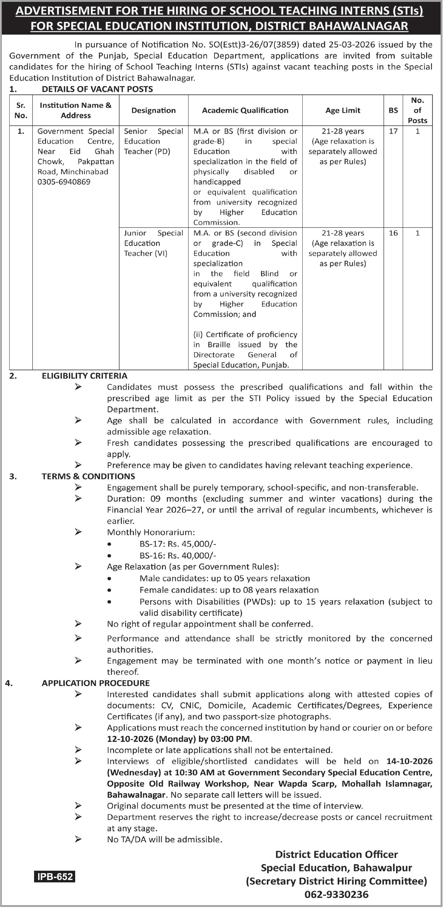 Official Special Education District Bahawalnagar STIs Job Advertisement