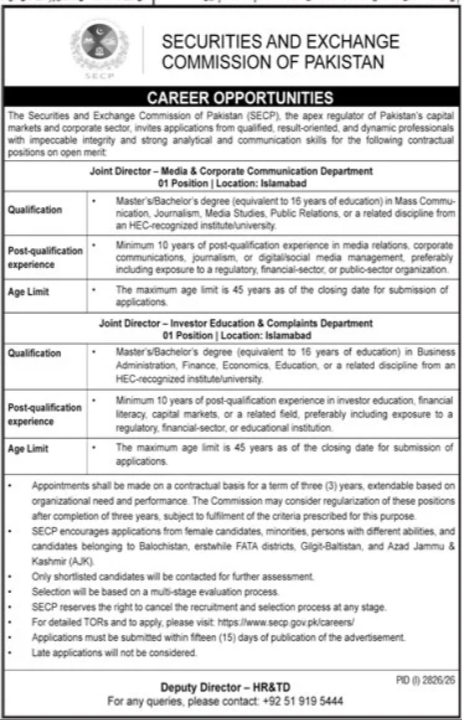 Official Securities and Exchange Commission of Pakistan SECP Job Advertisement