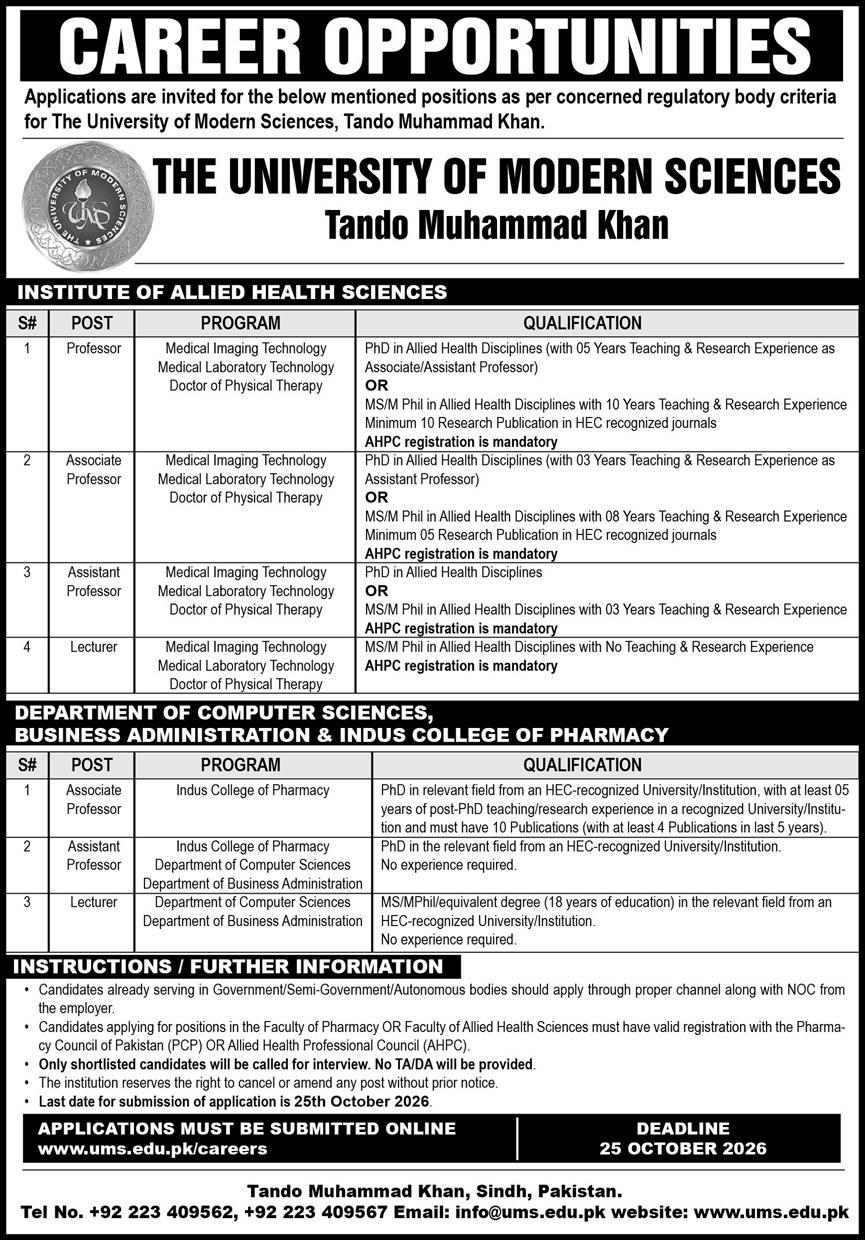 Official UMS Tando Muhammad Khan Job Advertisement