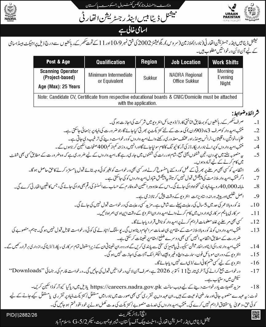 Official NADRA Sukkur Job Advertisement