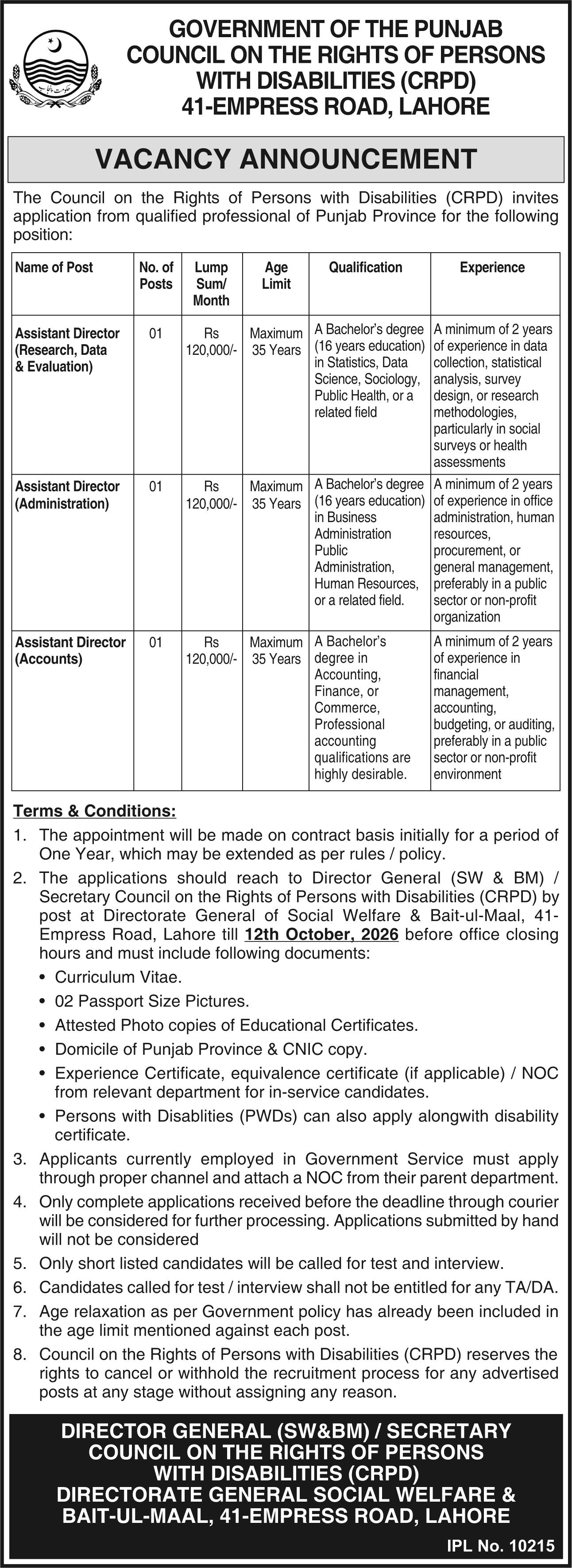 Official CRPD Punjab Job Advertisement
