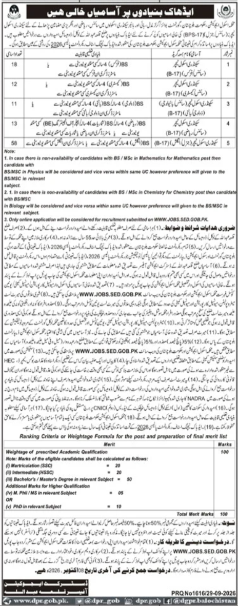 Official Qillah Abdullah Education Department Job Advertisement