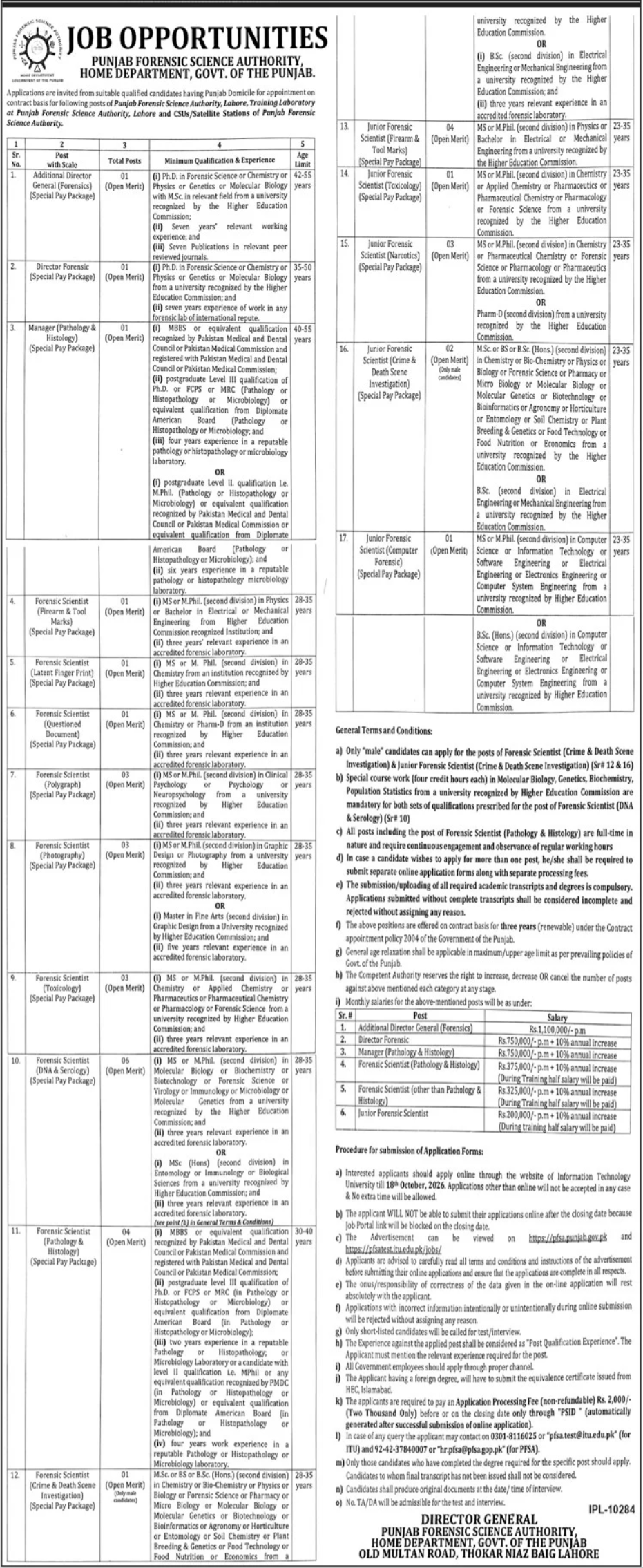 Official Punjab Forensic Science Authority Job Advertisement