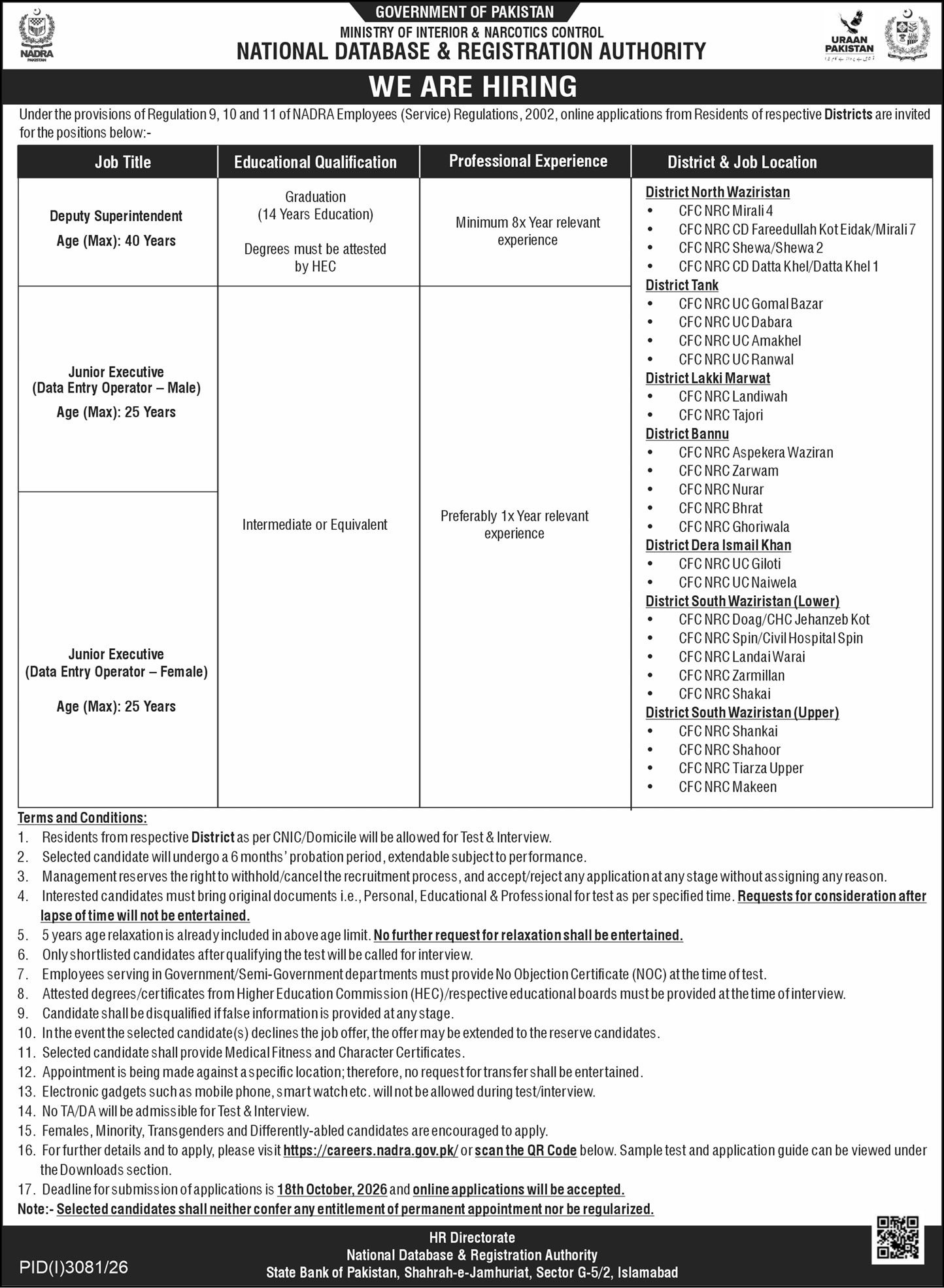 Official NADRA Job Advertisement