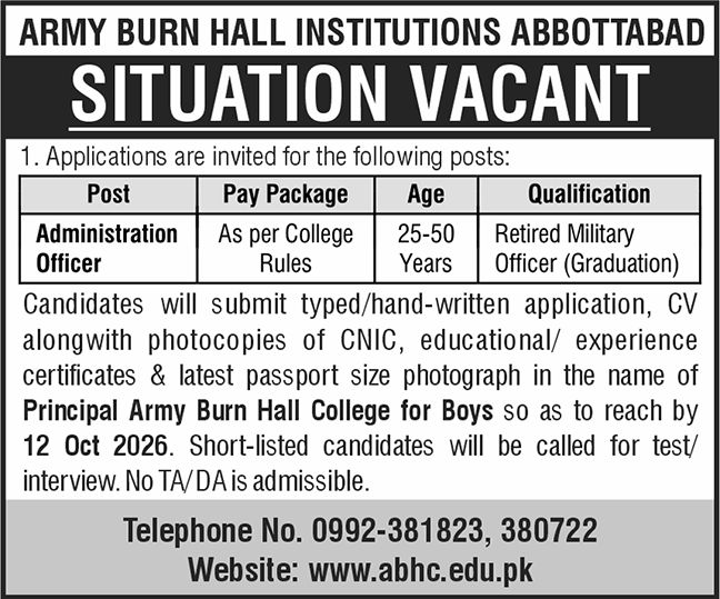 Official Army Burn Hall Institutions Job Advertisement