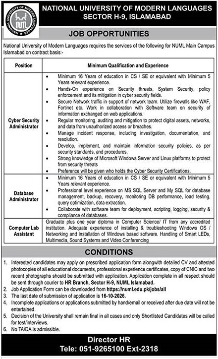 Official NUML Islamabad Job Advertisement