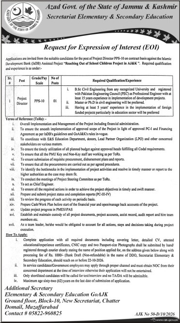 Official AJ&K E&S Education Job Advertisement