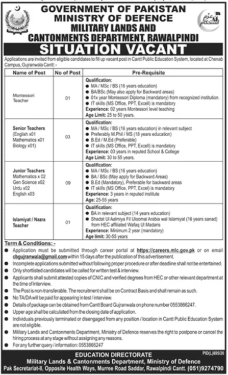 Official Military Lands and Cantonments Department Job Advertisement