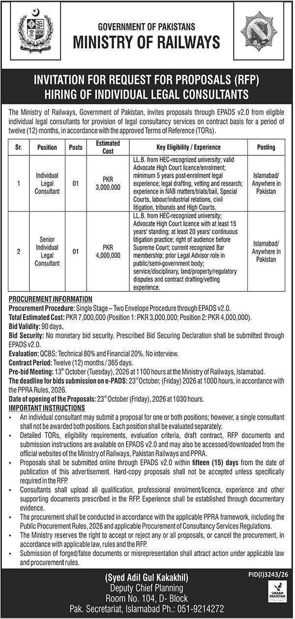 Official Ministry of Railways Job Advertisement