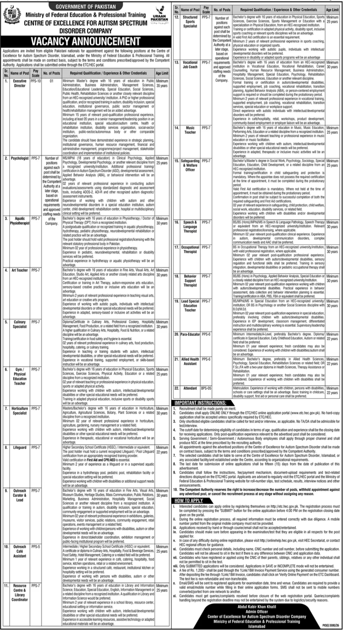 Official Centre of Excellence for Autism Spectrum Disorder Job Advertisement