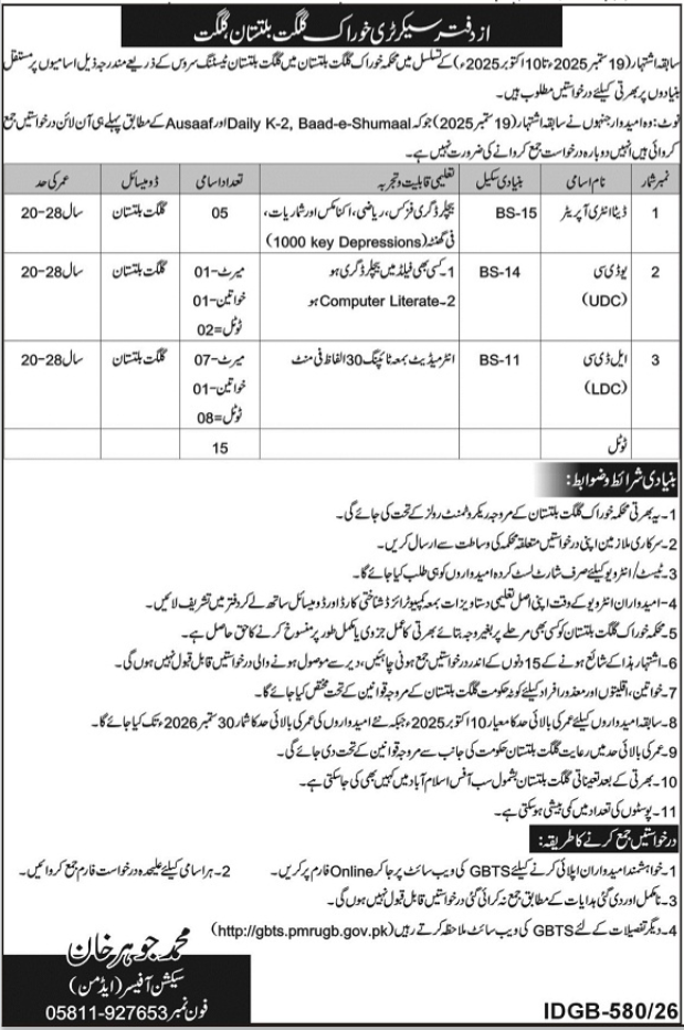 Official Food Department Gilgit Baltistan Job Advertisement