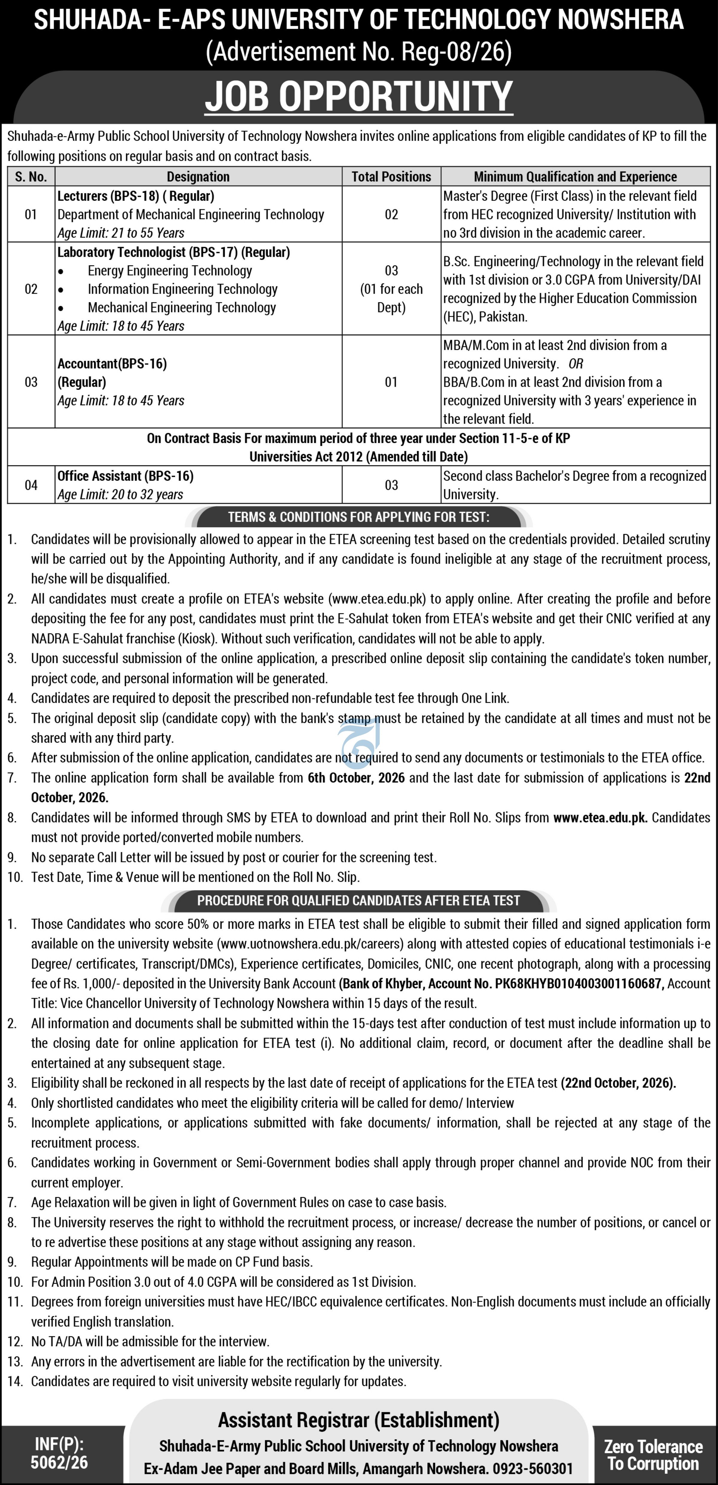 Official Shuhada-e-APS University of Technology Nowshera Job Advertisement