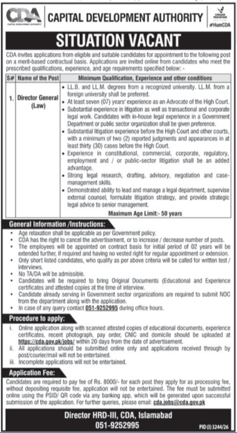 Official Capital Development Authority CDA Director General Law Job Advertisement