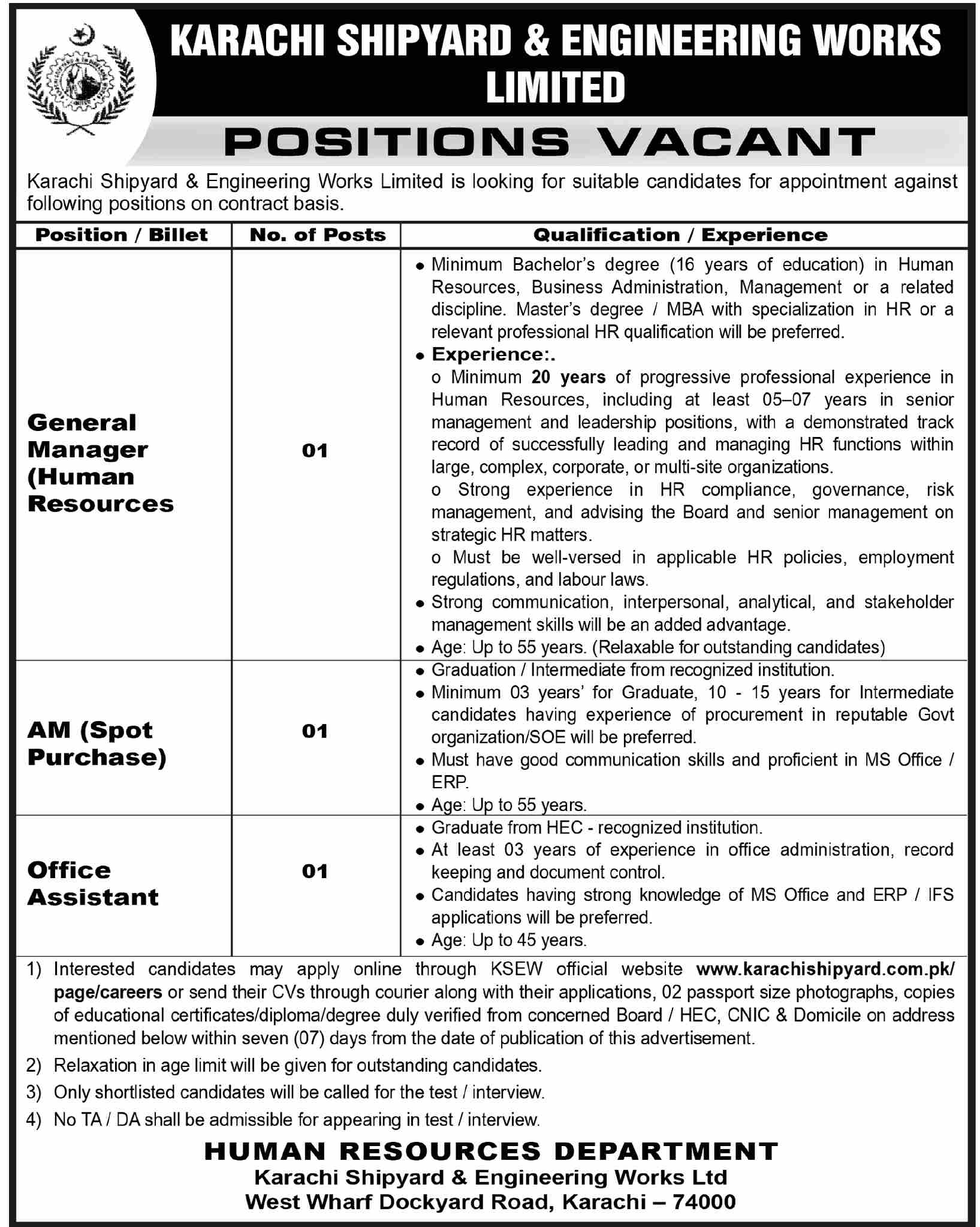 Official Karachi Shipyard & Engineering Works Limited Job Advertisement