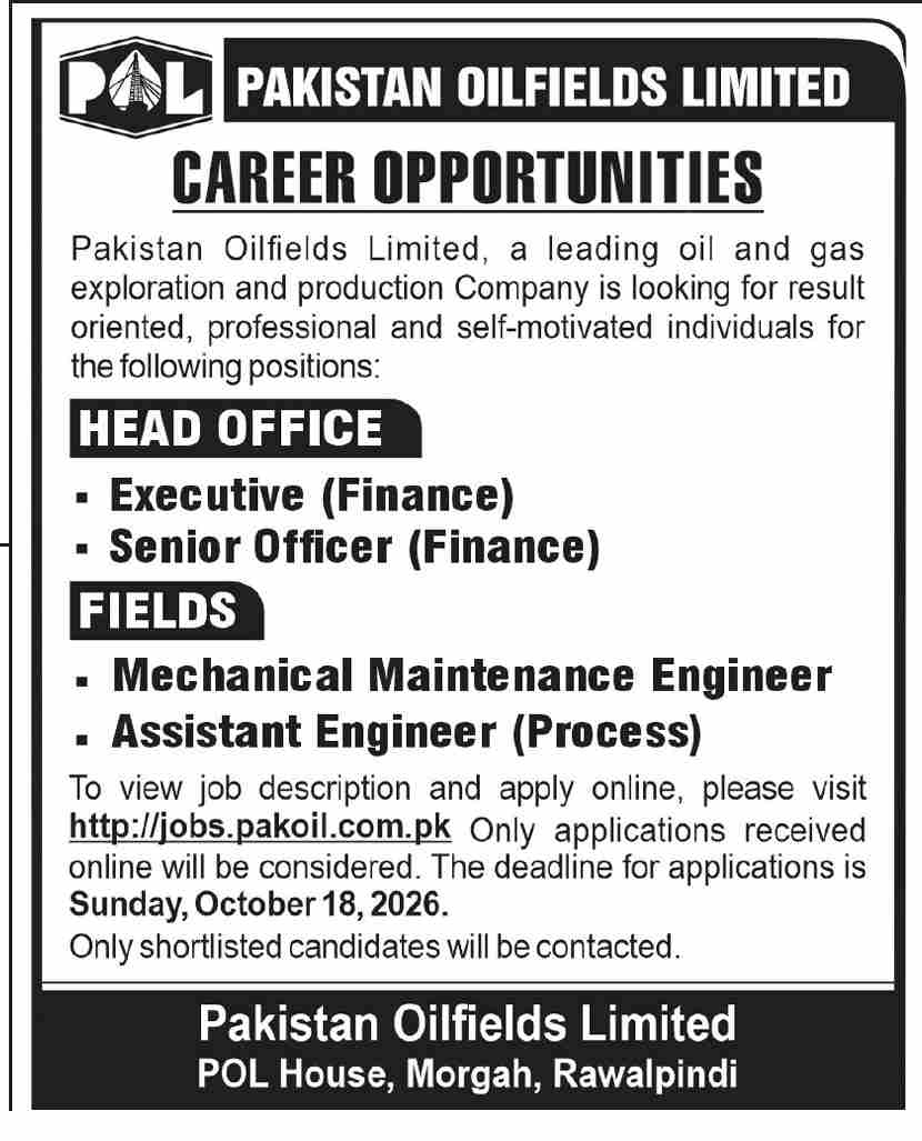 Official Pakistan Oilfields Limited POL Job Advertisement