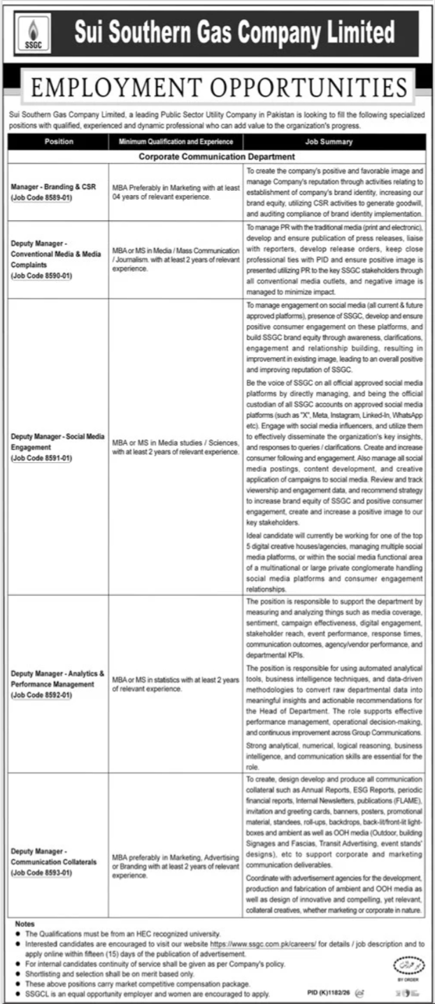 Official Sui Southern Gas Company Limited SSGC Job Advertisement