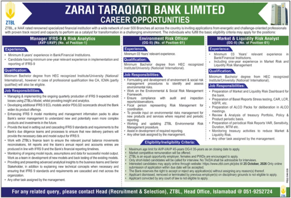 Official Zarai Taraqiati Bank Limited ZTBL Job Advertisement
