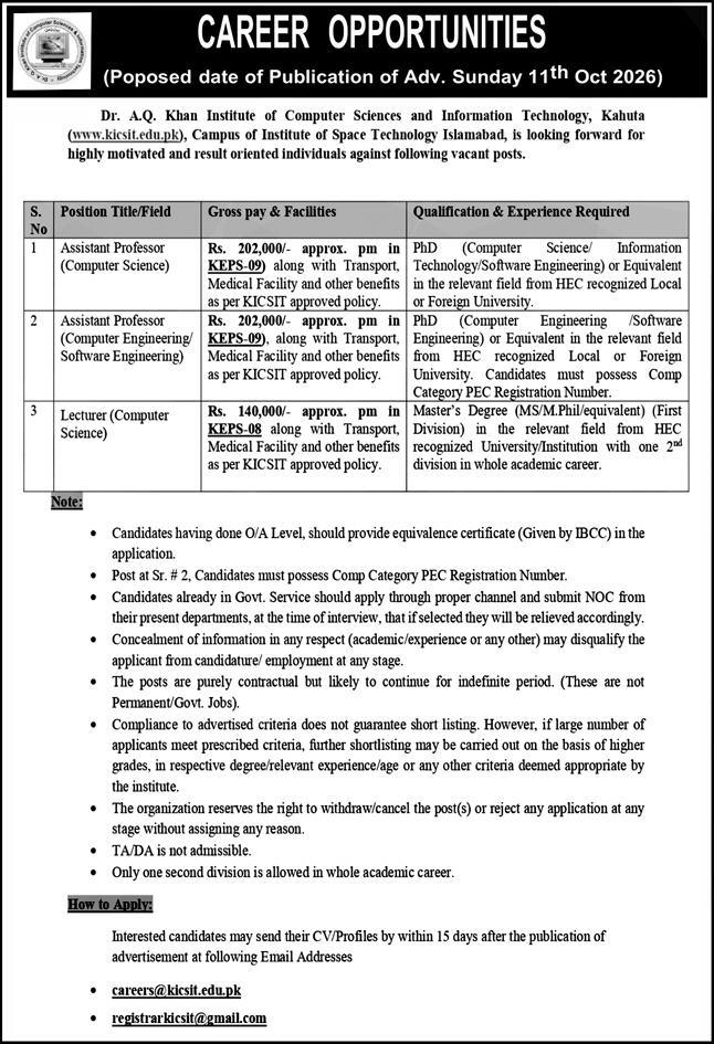 Official Dr. A.Q. Khan Institute KICSIT Kahuta Job Advertisement