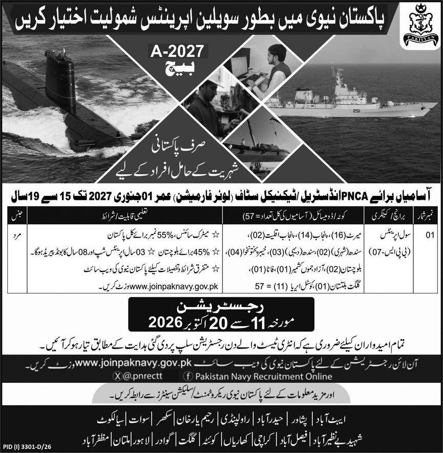 Official Pakistan Navy Civilian Apprentice Batch A-2027 Job Advertisement
