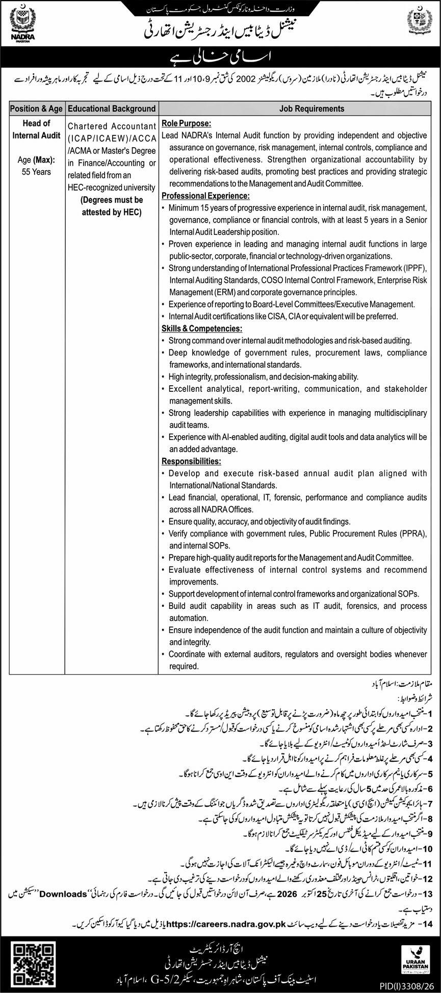 Official NADRA Head of Internal Audit Job Advertisement