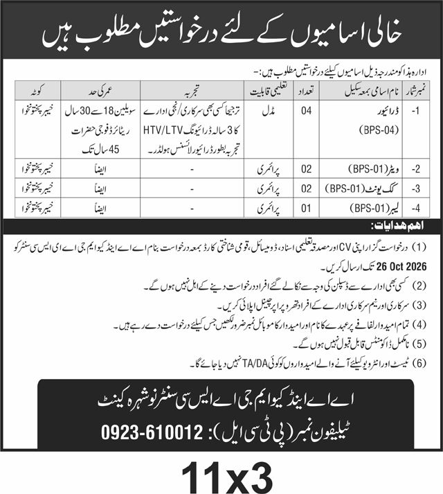Official AA&QMG ASC Centre Nowshera Cantt Job Advertisement