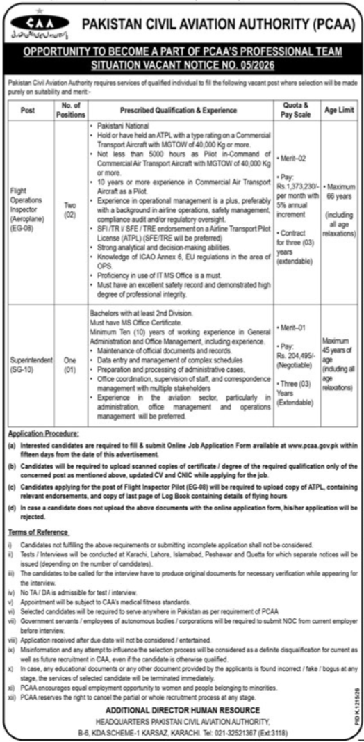 Official Pakistan Civil Aviation Authority PCAA Job Advertisement