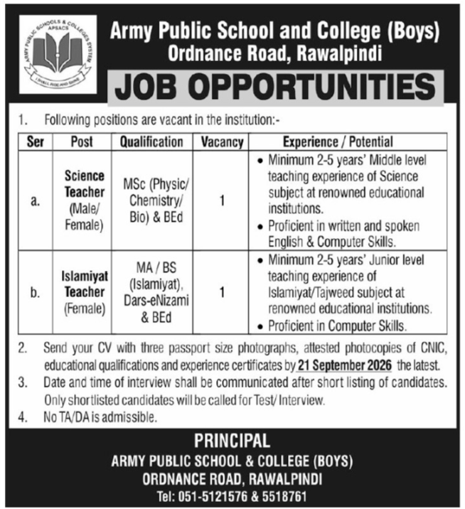 Official Army Public School and College Ordnance Road Rawalpindi Job Advertisement