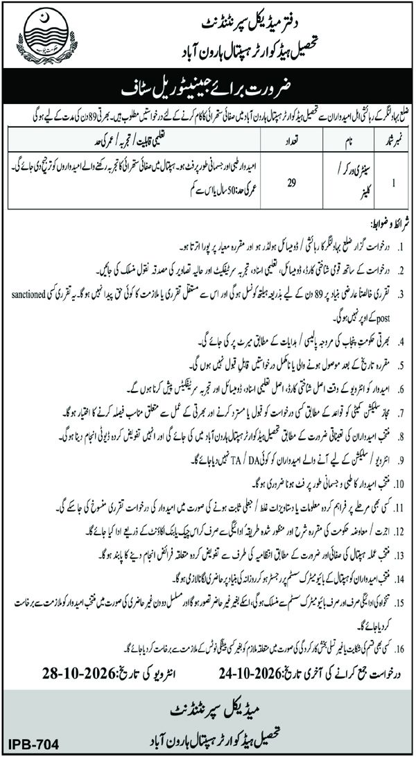 Official THQ Hospital Haroonabad Job Advertisement