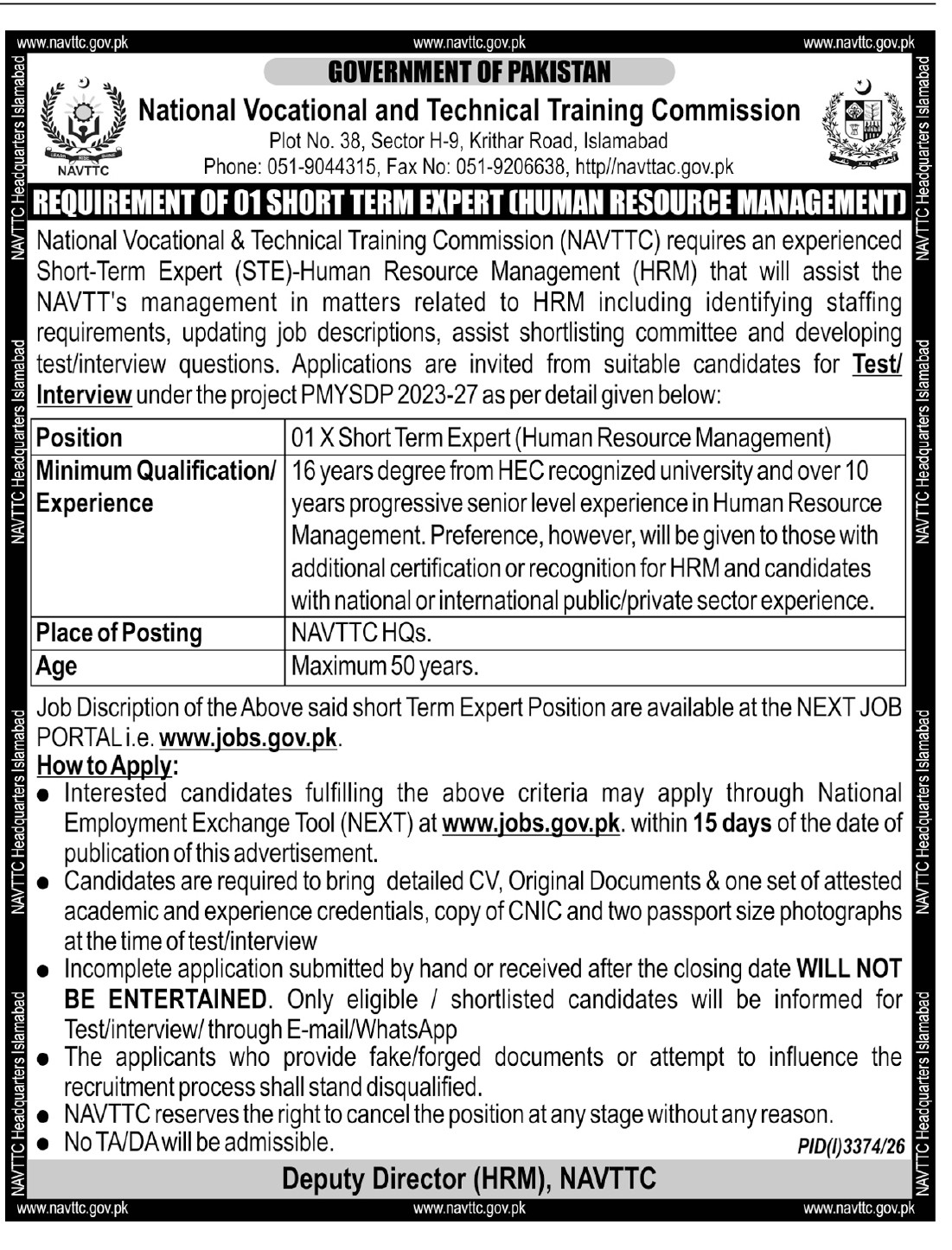 Official NAVTTC Job Advertisement