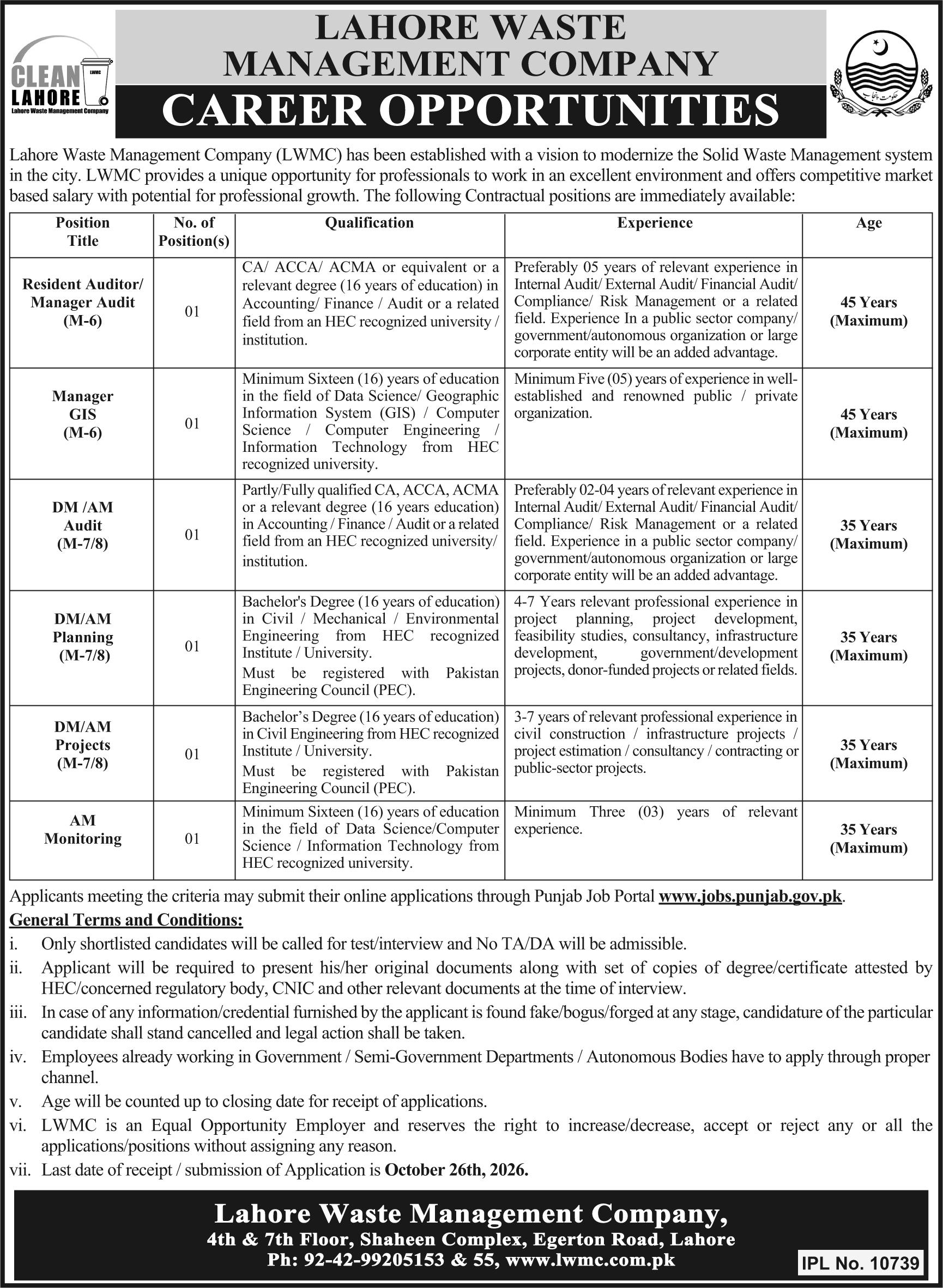 Official Lahore Waste Management Company LWMC Job Advertisement