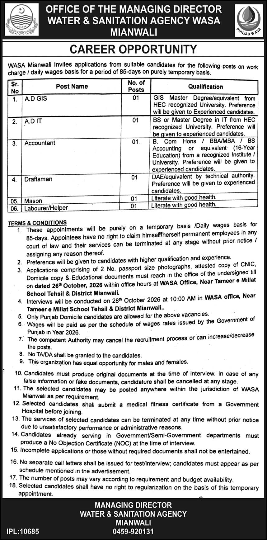 Official WASA Mianwali Job Advertisement