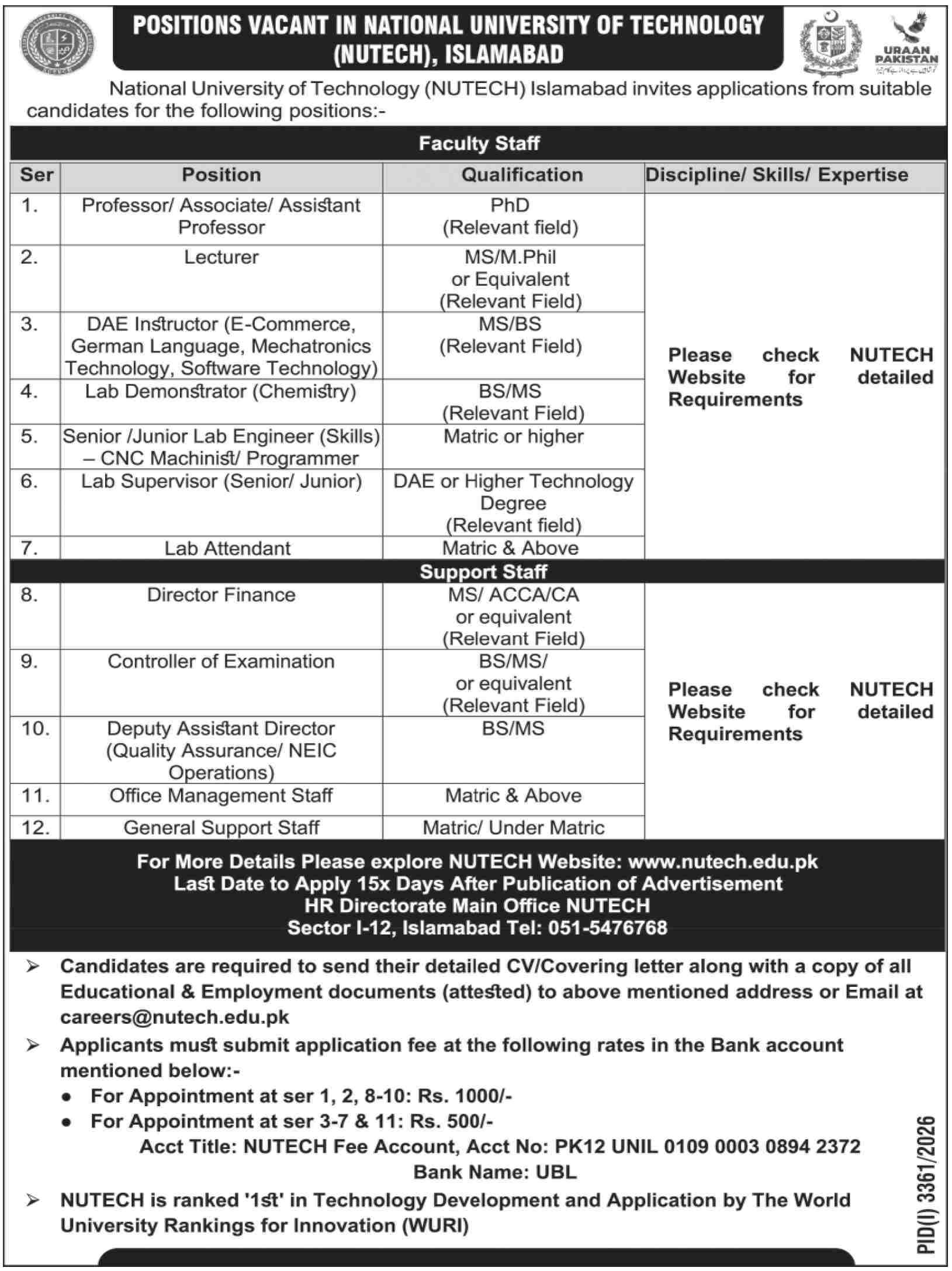 Official NUTECH Islamabad Job Advertisement