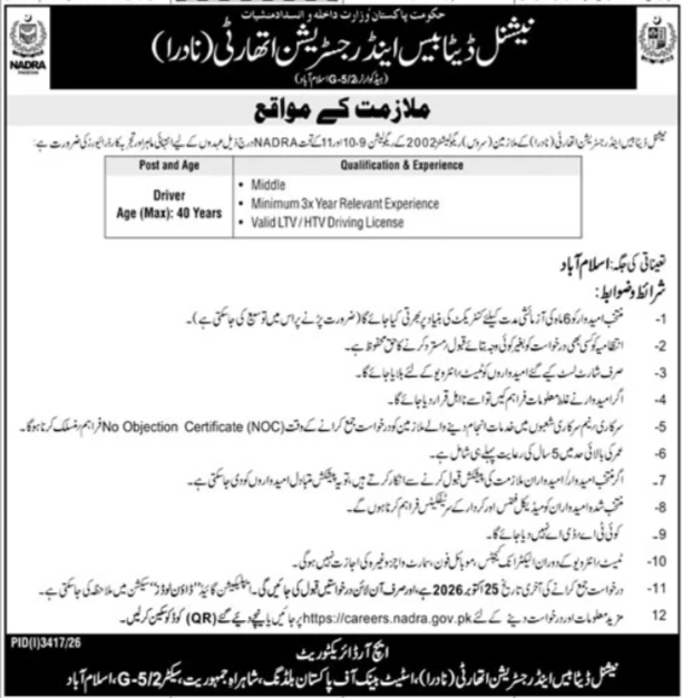 Official NADRA Driver Job Advertisement