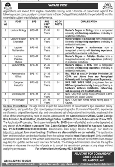 Official Cadet College Killa Abdullah Job Advertisement