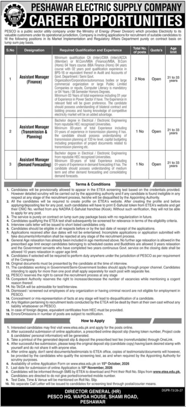 Official PESCO Assistant Manager Job Advertisement ETEA