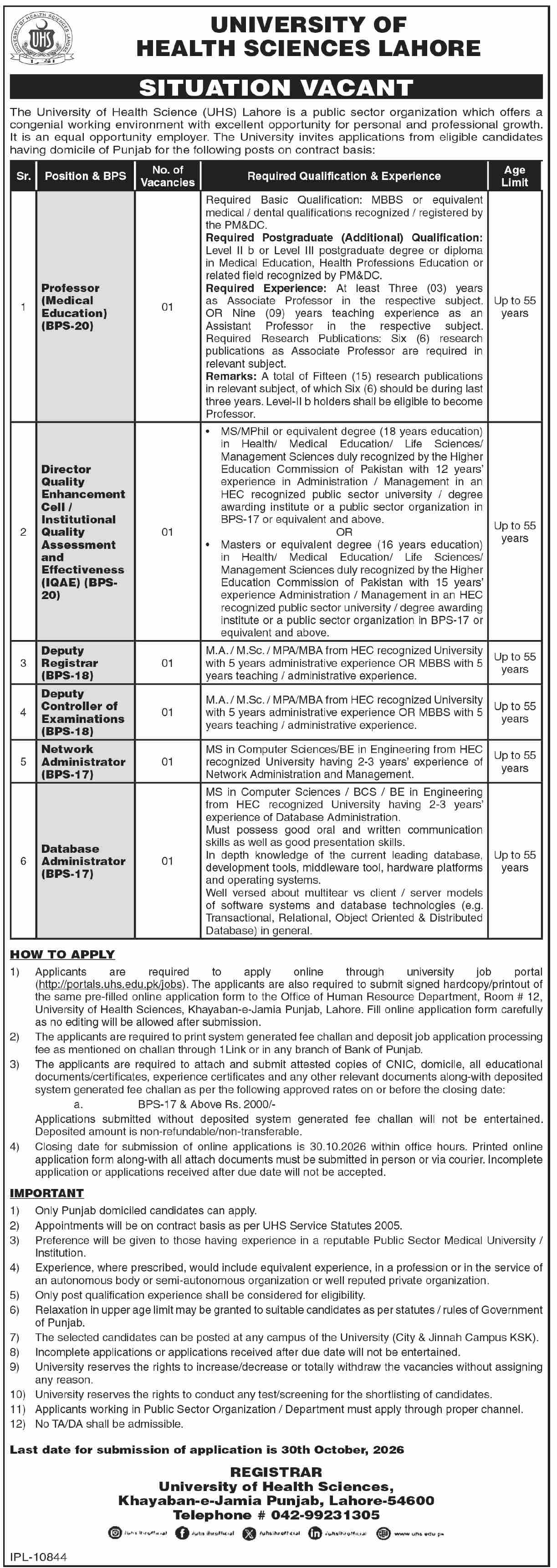 Official UHS Lahore Job Advertisement