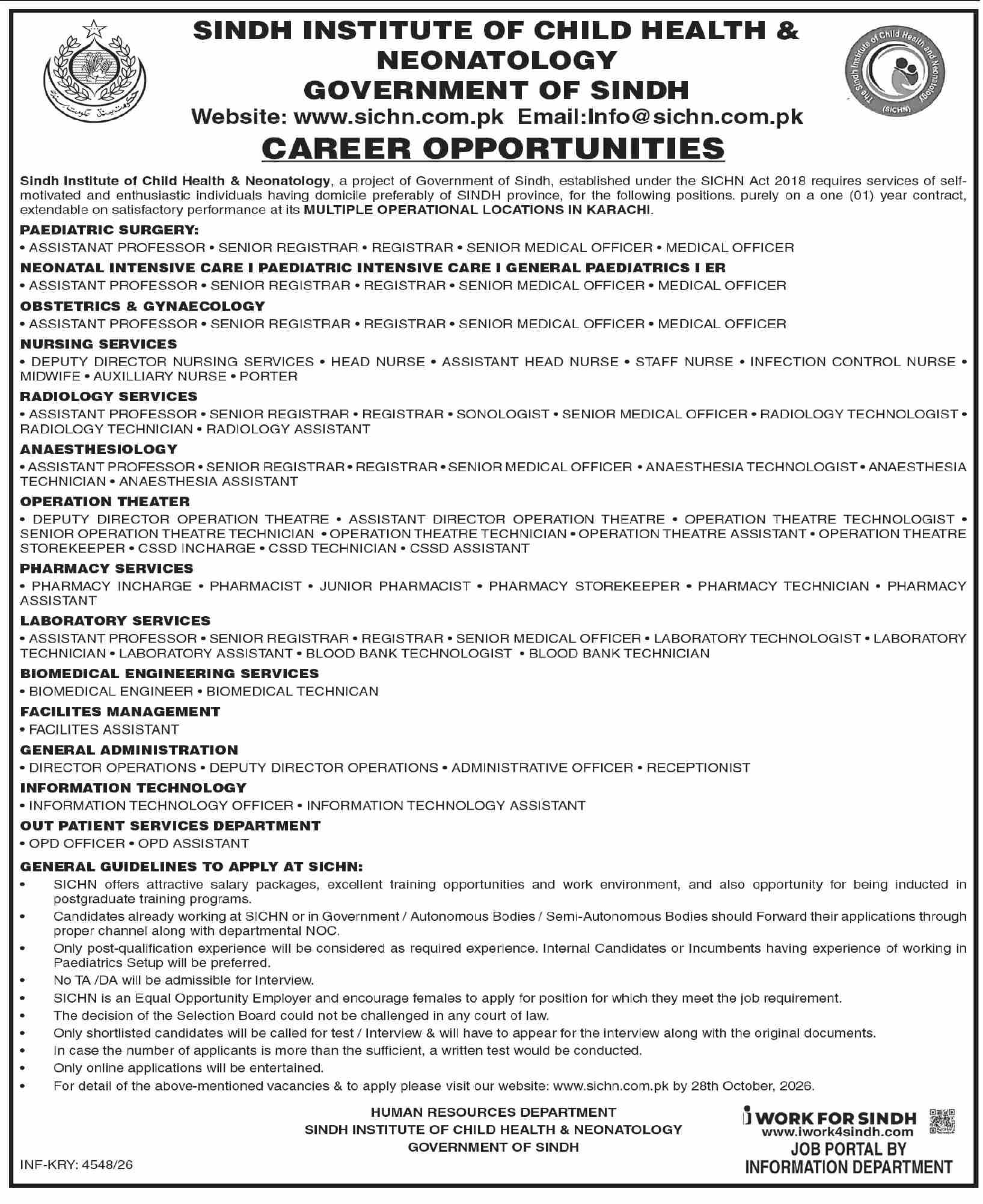 Official Sindh Institute of Child Health and Neonatology SICHN Job Advertisement