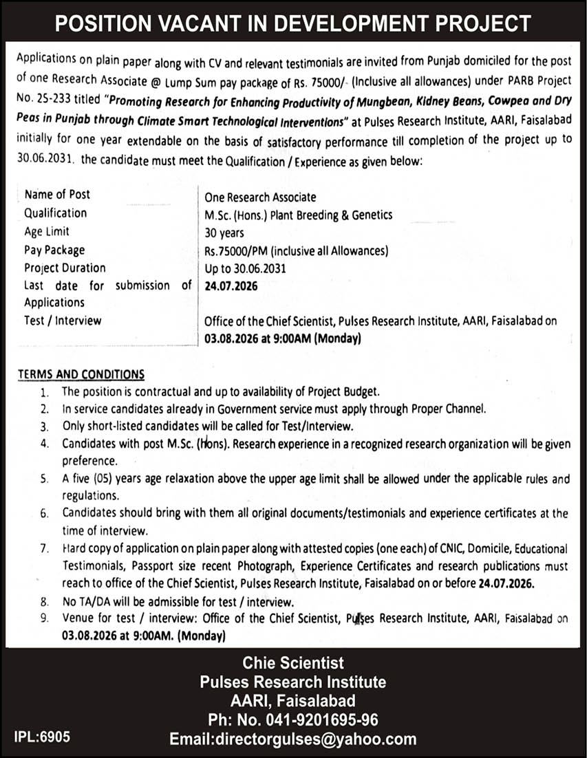 Official Pulses Research Institute AARI Faisalabad Job Advertisement