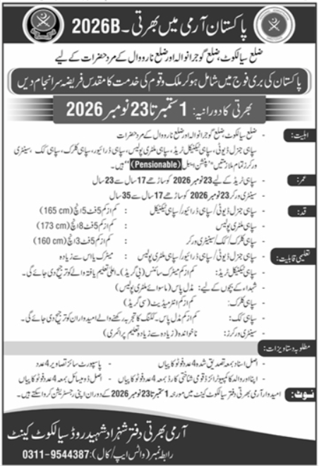 Official Pakistan Army Recruitment Advertisement 2026B Sialkot Cantt