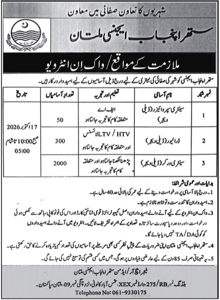 Official Suthra Punjab Agency Multan Job Advertisement