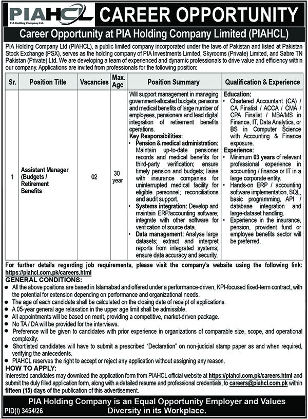 Official PIA Holding Company Limited PIAHCL Job Advertisement